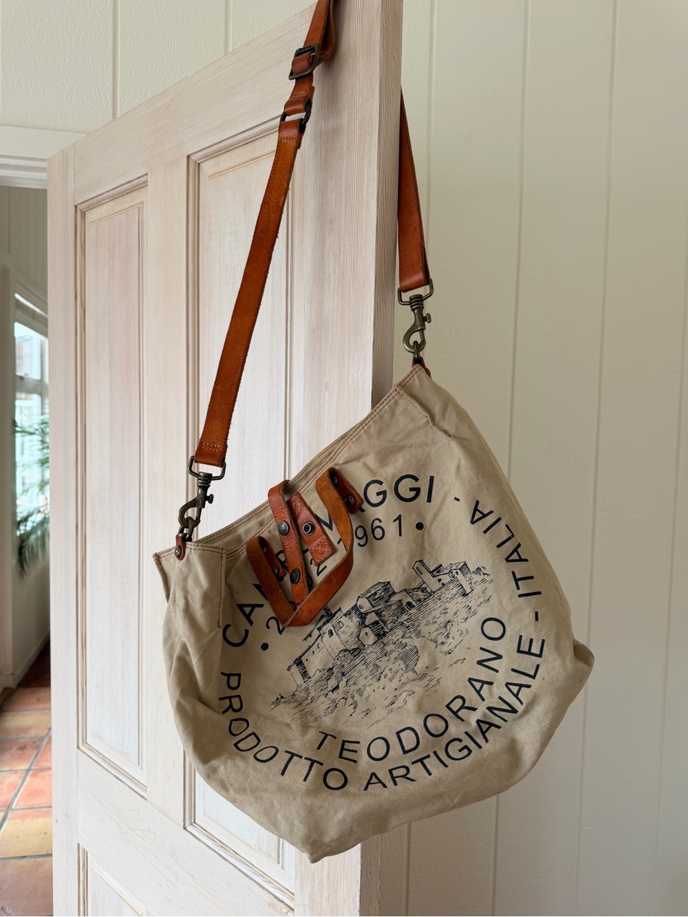 Campomaggi Beige Canvas Tote with Tan Leather Straps